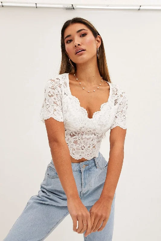 White Lace Top Short Sleeve V Neck Crop Bold Women's Animal Print