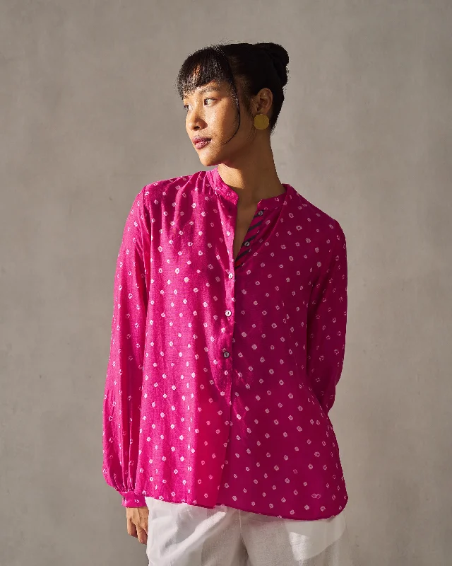 Mandarin Collar Top - Fuchsia Casual Women's Japanese 