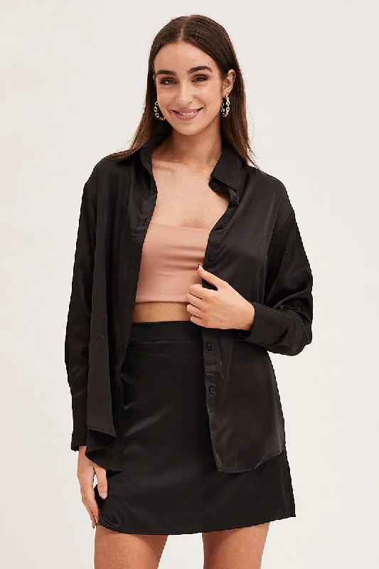 Black Satin Long Sleeve Button Up Collared Shirt Youthful Women's Anime - inspired