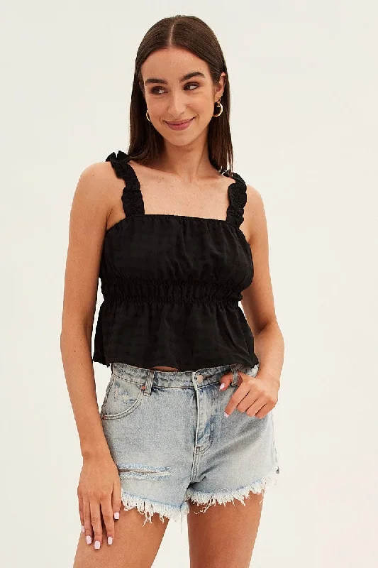 Black Ruffle Top Strap Gathered Waist Crop Sophisticated Women's Tailored