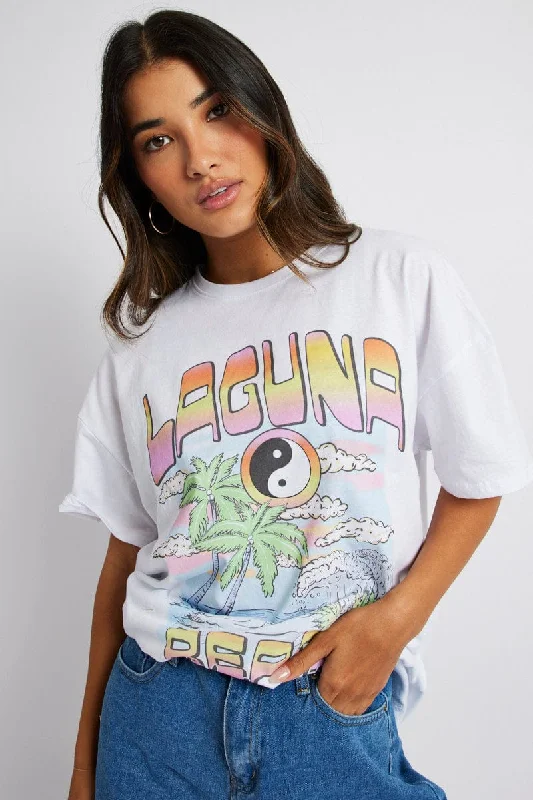 White Graphic Tee Surf Slogan T-shirt Dapper Women's Bow - adorned