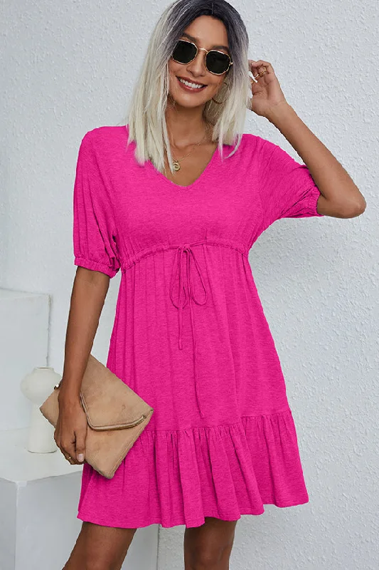 V Neck Drawstring Waist Casual Mini Dress Monochromatic Office Style