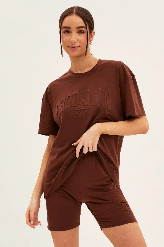 Brown Textured Tee And Biker Shorts Set Compression