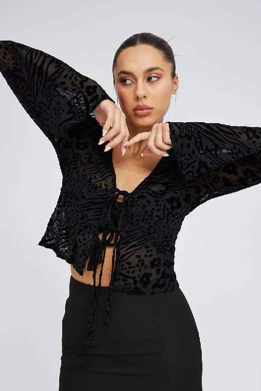 Black Top Long Sleeve Tie front Burnout Laid - back Women's Vibe
