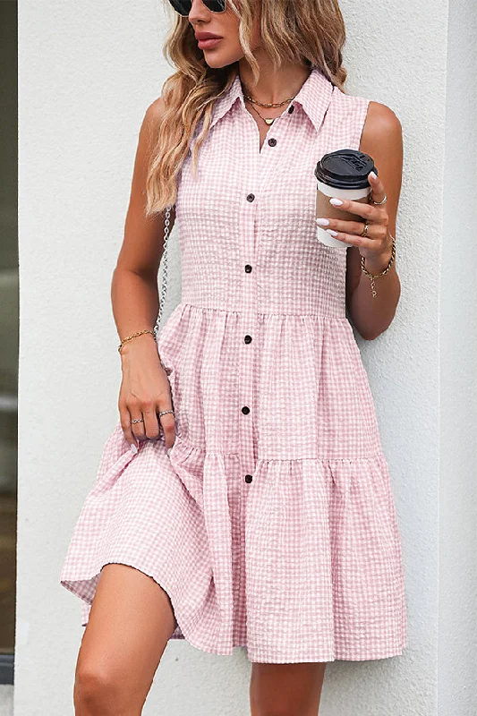 Lapel Sleeveless Plaid Print Mini Dress Earthy Women's 