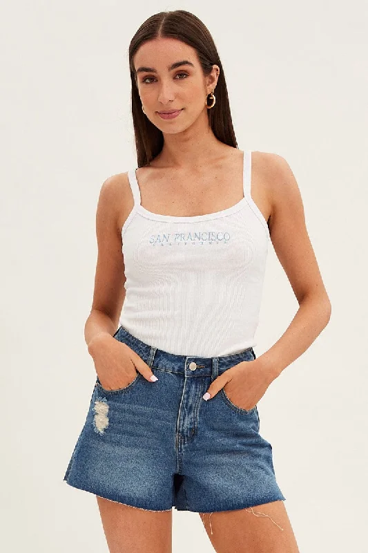 White Graphic Tank San Francisco Sleeveless Crop Vintage Women's 1970S 
