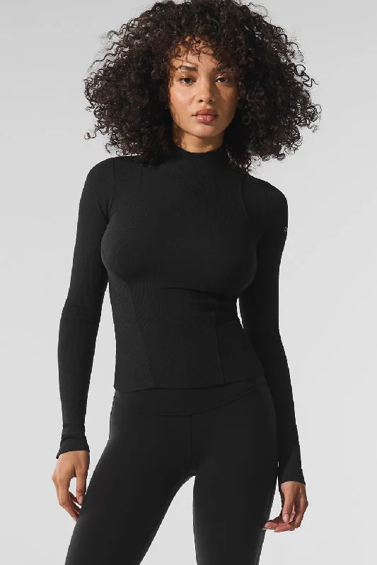 Ribbed Mesmerize Mock Neck Long Sleeve - Black Elegant Women's Formal 