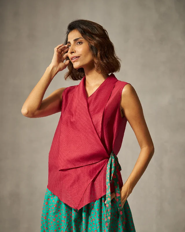 Berber Wrap Top - Red Stripes Polished Women's Silk