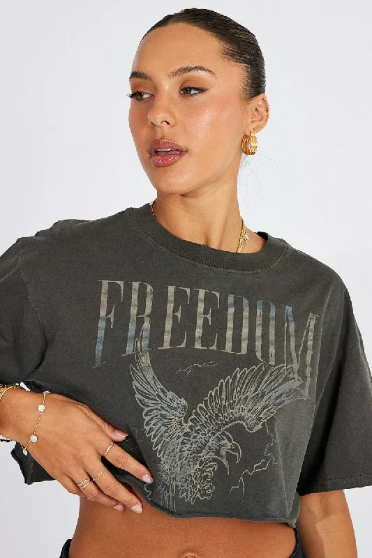 Grey Graphic Tee Short Sleeve Crop Round Neck Cozy Women's Winter