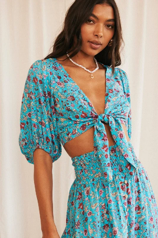 Blue Boho Crop Top Tie Front Dapper Women's 1920S