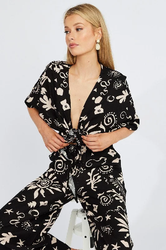 Black Abstract Tie Up Bolero Short Sleeve Unique Women's Upcycled