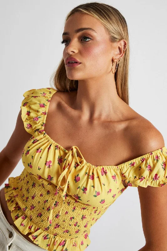 Yellow Floral Puff Sleeve Top Short Sleeve European
