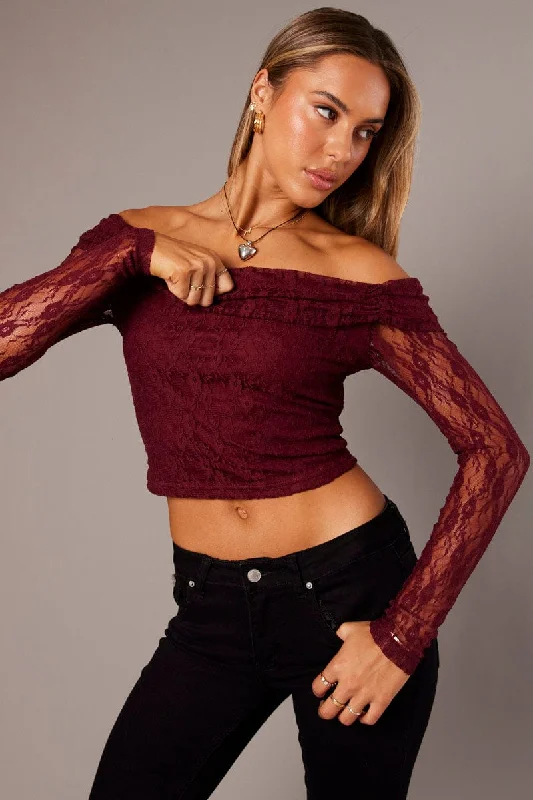Red Off Shoulder Top Long Sleeve Refined Women's Hand - crafted