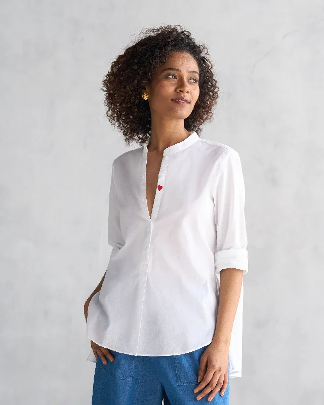 Mandarin Collar Top - White Sleek Women's Metallic