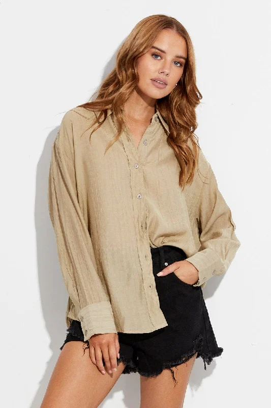 Beige Textured Shirt Long Sleeve Collared Traditional Women's Wool