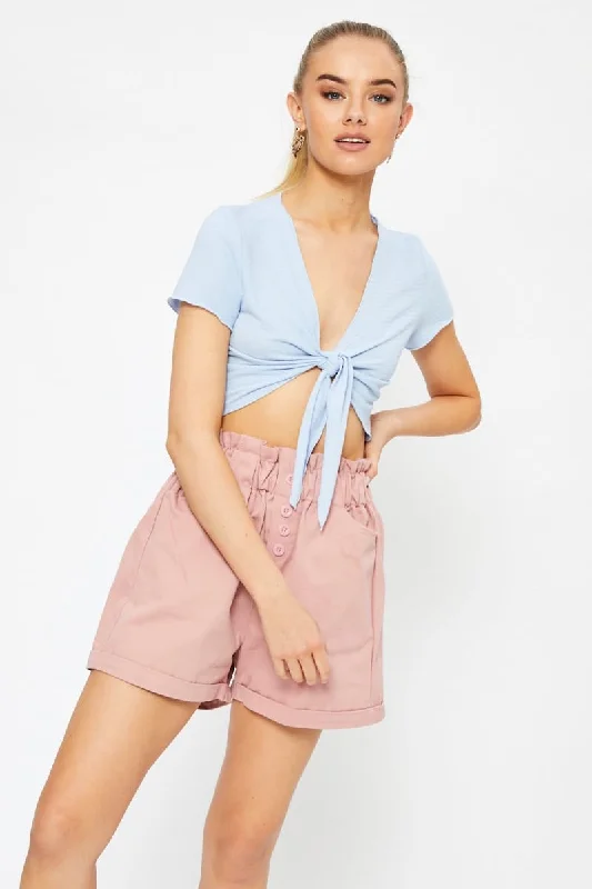 Blue Short Sleeve Textured Jersey Knot Front Crop Top Elegant Women's Formal 