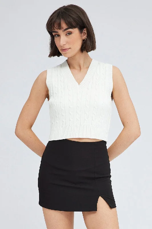 White Cable Knit Vest Hip Women's Retro