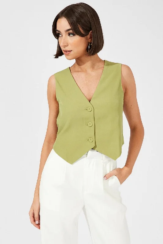 Green Top Waistcost Sleeveless V Neck Button Up Relaxed Practical Women's Multi - 