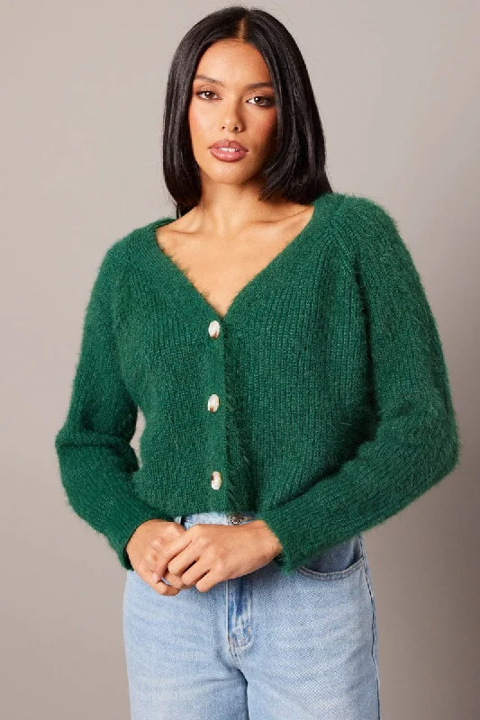 Green Fluffy Knit Cardigan V Neck Sustainable Organic