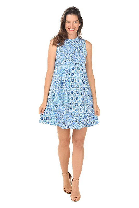 Flower Tile Mock Neck Sleeveless Dress Relaxed Women's 