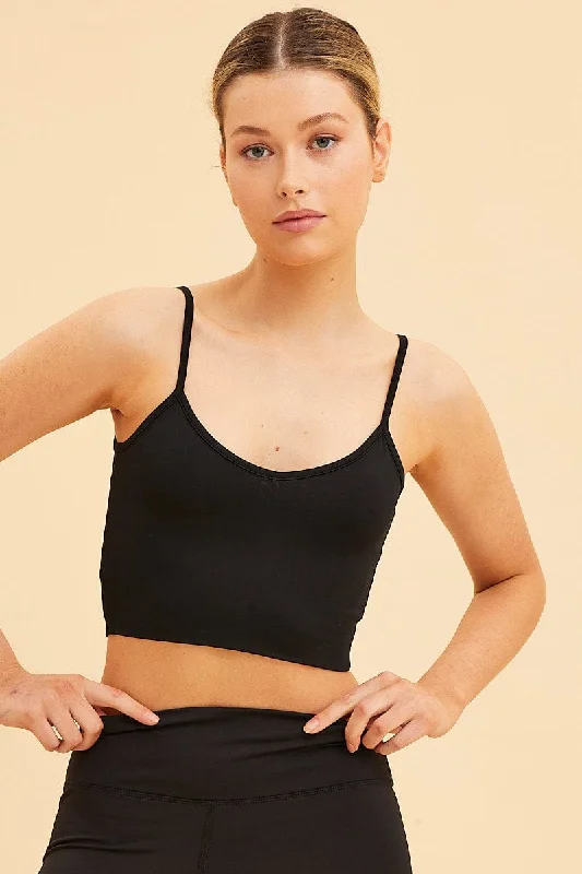 Black Crop Cami Top Smooth Scoop Neck Sleeveless Women