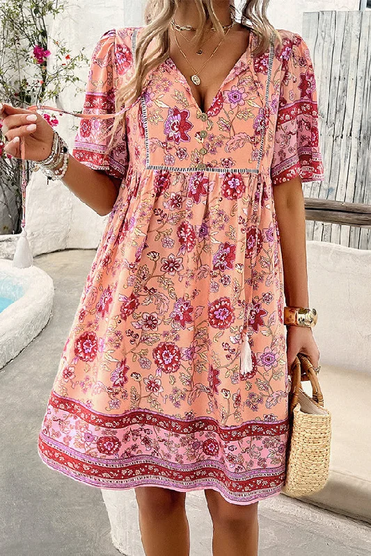 V Neck Floral Print Short Sleeve Mini Dress Trendy Women's Oversized