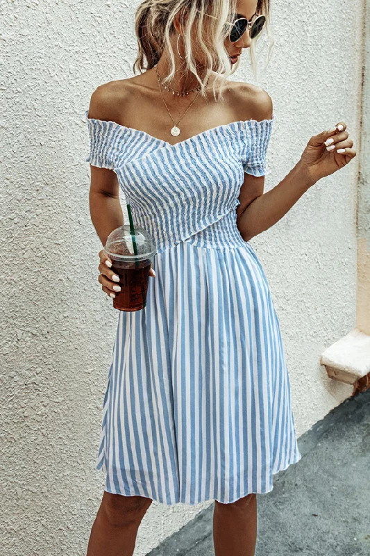 Smocked Chest Bardot Stripe Print Mini Dress Sleek Women's Metallic
