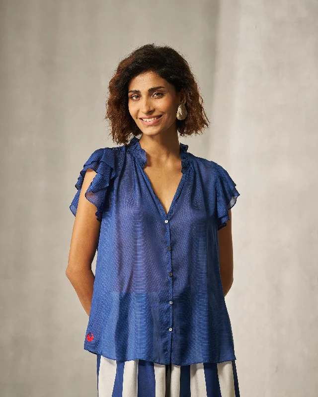 Ruffle Collar Shirt - Blue Checks Refined Women's Hand - crafted