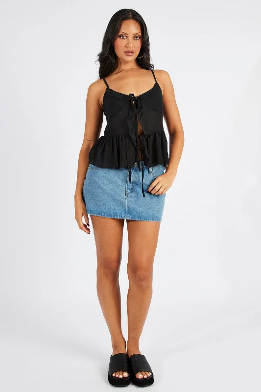 Black Tie Up Top Singlet Cozy Women's Sherpa - lined