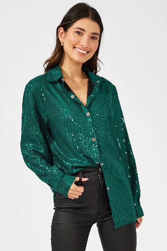 Green Shacket Long Sleeve Sequins Sophisticated Women's 