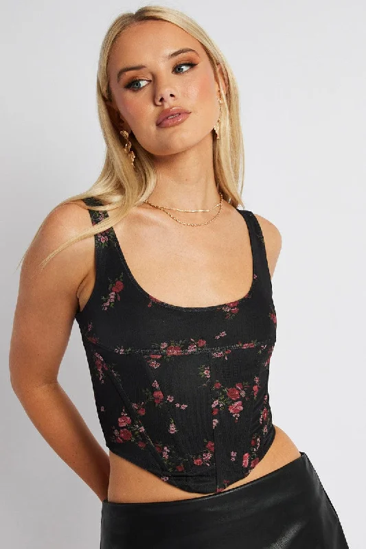 Black Ditsy Corset Top Mesh Sharp Women's Italian