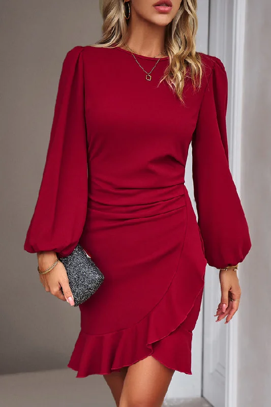 Puff Sleeve Round Neck Solid Ruffle Hem Bodycon Dress Vacation