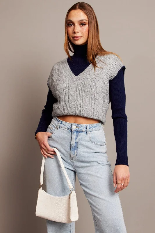Grey Knit Vest V Neck Sharp Women's Italian