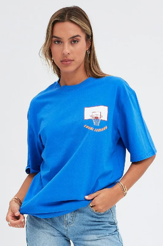 Blue T Shirt Short Sleeve Crew Neck Basketball Graphic Tough Women's Military - inspired