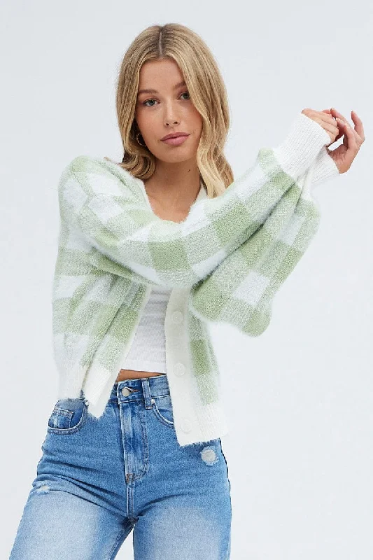 Green Check Crop Knit Cardigan Check Unique Women's Upcycled