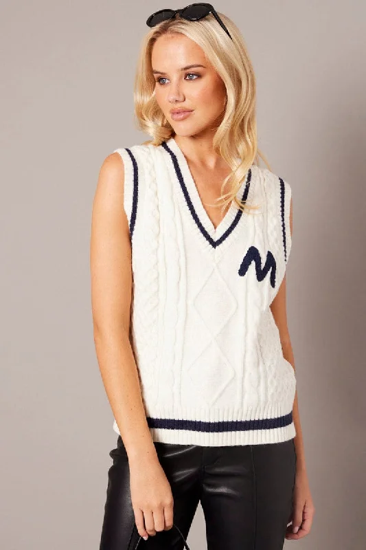 White Knit Vest Sleeveless V Neck Cable Dapper Women's 1920S