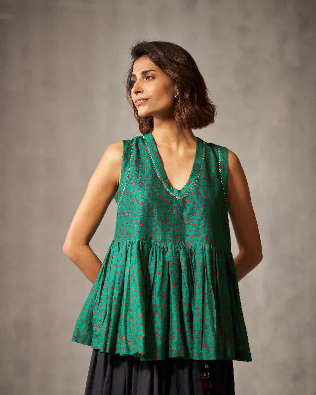 Lolo Gathered Top - Green & Red Print Tough Women's Military - inspired