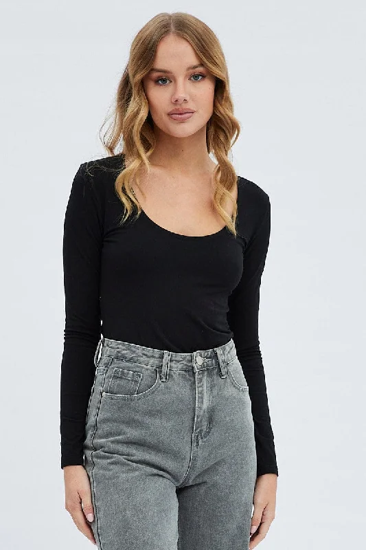 Black Top Long Sleeve Scoop Neck Cool Women's Distressed