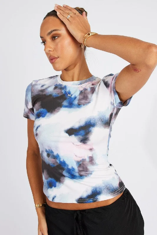 Multi Abstract Supersoft Top Short Sleeve Earthy Women's 