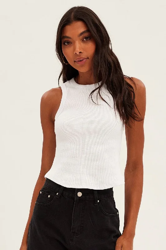 White Crew Tank High Neck Curved Hem Sleeveless Traditional Women's 