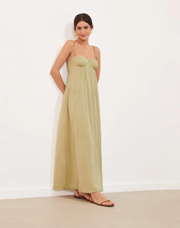 Leona Detail Long Dress - Olivine Refined Women's Hand - crafted
