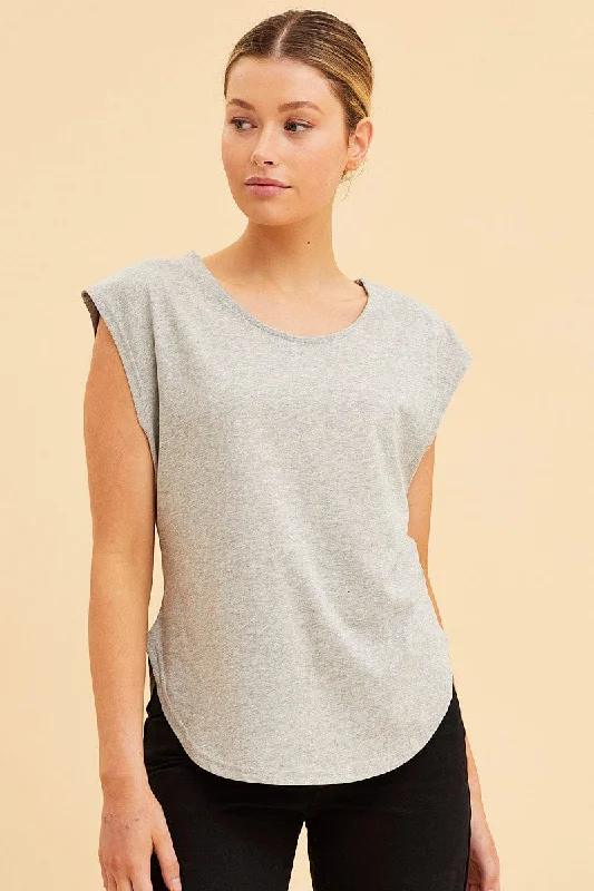 Grey Relaxed T-Shirt Drop Shoulder Curved Hem Crew Neck Athletic Women's 