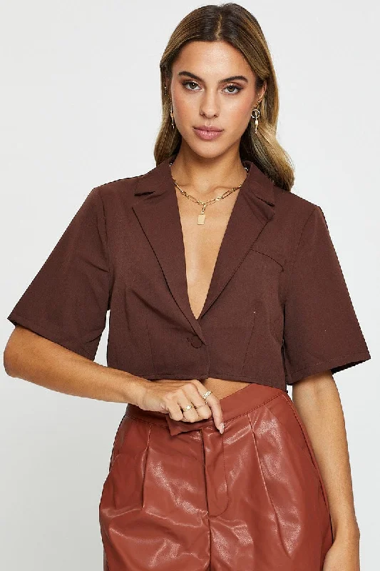 Brown Crop Shirts Short Sleeve Collared garde