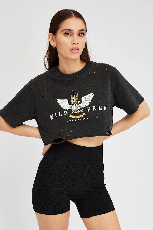 Grey Graphic Tee Short Sleeve Crop Round Neck Earthy Women's Hemp - based