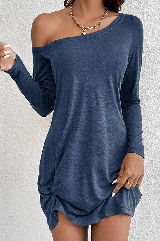 Solid Skew Neck Long Sleeve Casual Dress Modern Women's 