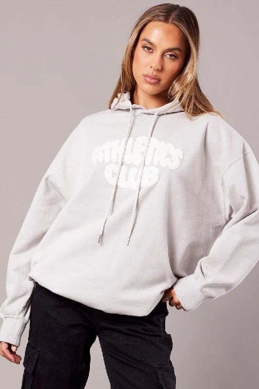 Grey Graphic Hoodie Sweater Long Sleeve Cozy Women's Winter
