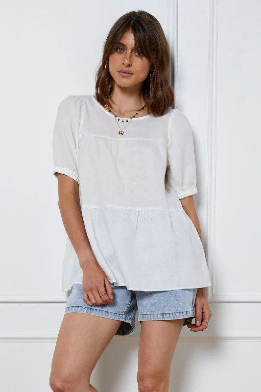White Top Short Sleeve Relaxed Linen Artistic Women's Hand - painted