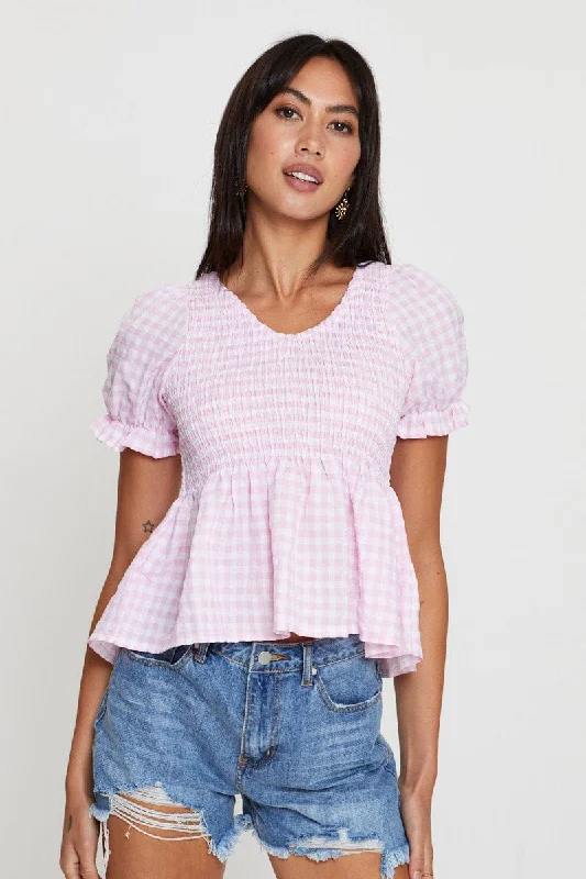 Check Puff Sleeve Top Short Sleeve European