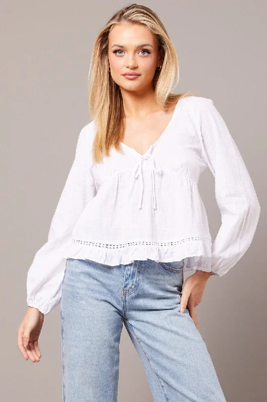 White Smock Top Long Sleeve Earthy Women's 