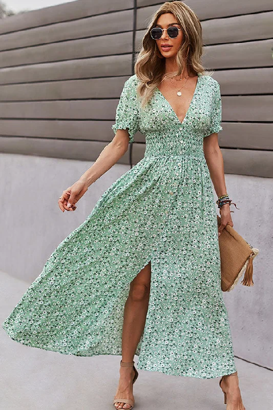 Deep V Neck Smocked Chest Floral Print Maxi Dress Bold Women's Statement